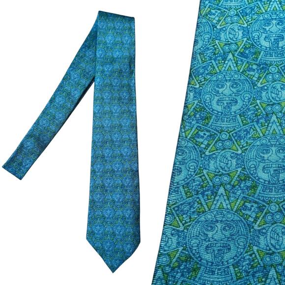 NEW Pineda Covalin 100% Silk Tie Piedra Del Sol Sun Stone Mexico Turquoise Blue - Picture 1 of 11